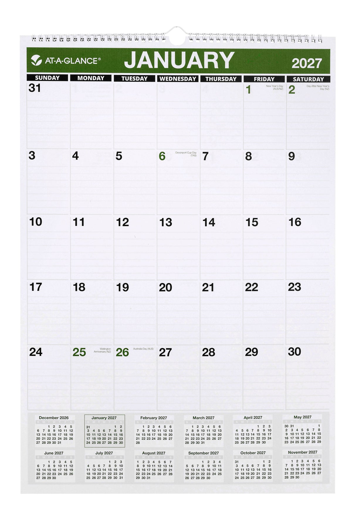 At-A-Glance Recycled Wall Calendar 2027 305 x 432mm Month To View shown front on, the green Australian edition open at January 2027 with ruled daily blocks.
