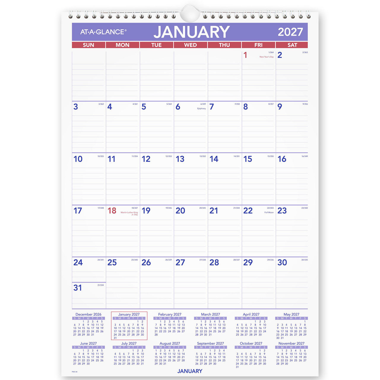 At-A-Glance Recycled Wall Calendar 2027 305 x 432mm Month To View shown front on, the printed 2027 planning grid, photographed flat against a plain background.