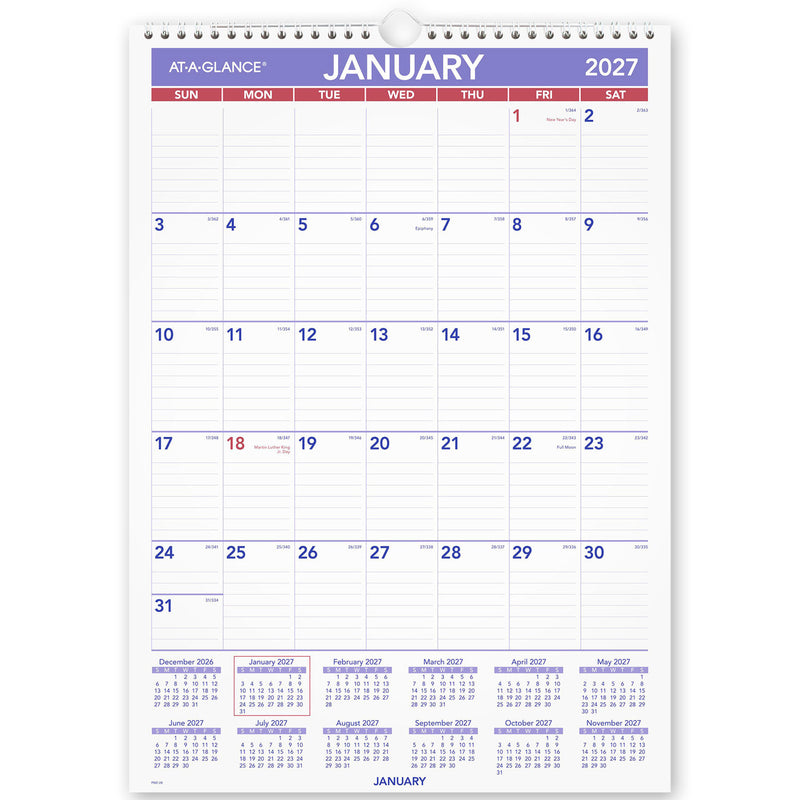 At-A-Glance Recycled Wall Calendar 2027 305 x 432mm Month To View shown front on, the printed 2027 planning grid, photographed flat against a plain background.