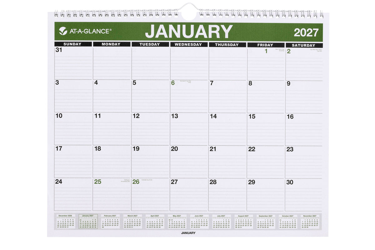 At-A-Glance Recycled Wall Calendar 2027 377 x 301mm Month To View shown front on, the green Australian edition in a near square format open at January 2027.