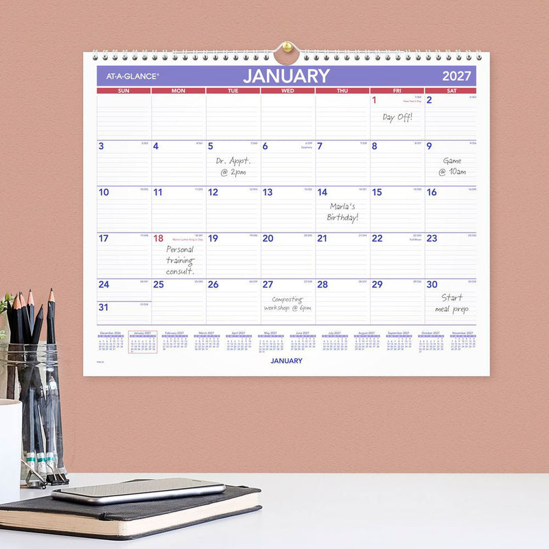 At-A-Glance Recycled Wall Calendar 2027 381 x 305mm Month To View opened to show the printed monthly grid and the dated planning layout inside.