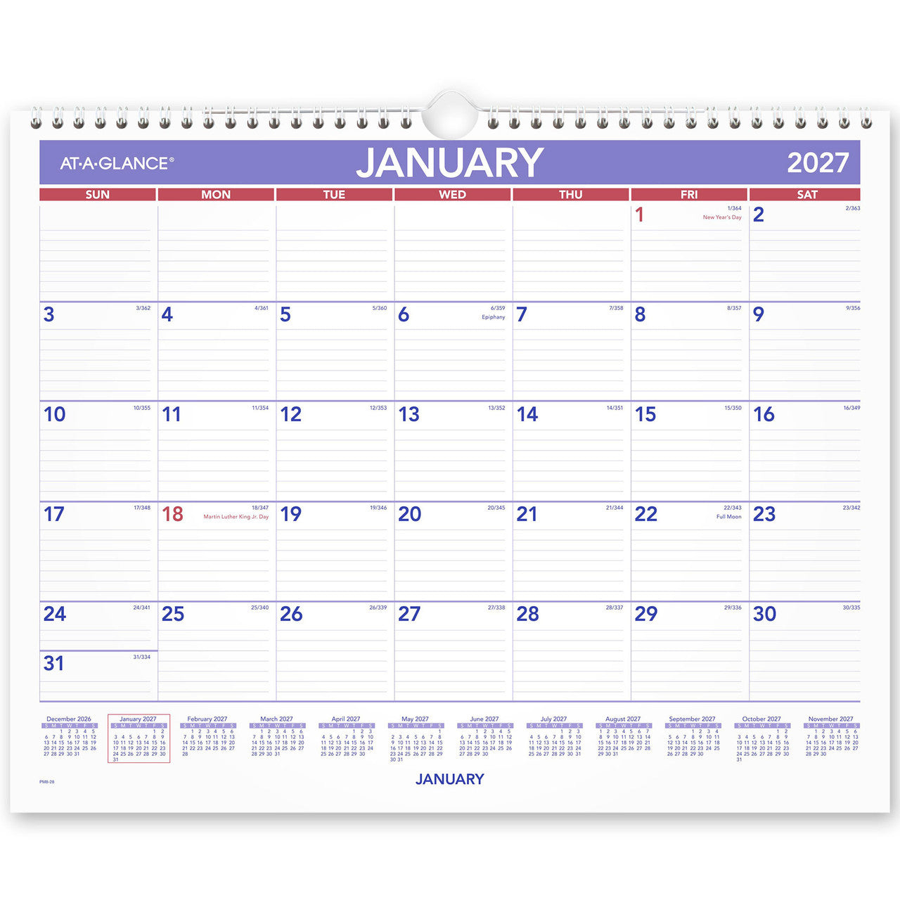 At-A-Glance Recycled Wall Calendar 2027 381 x 305mm Month To View shown front on, the printed 2027 planning grid, photographed flat against a plain background.