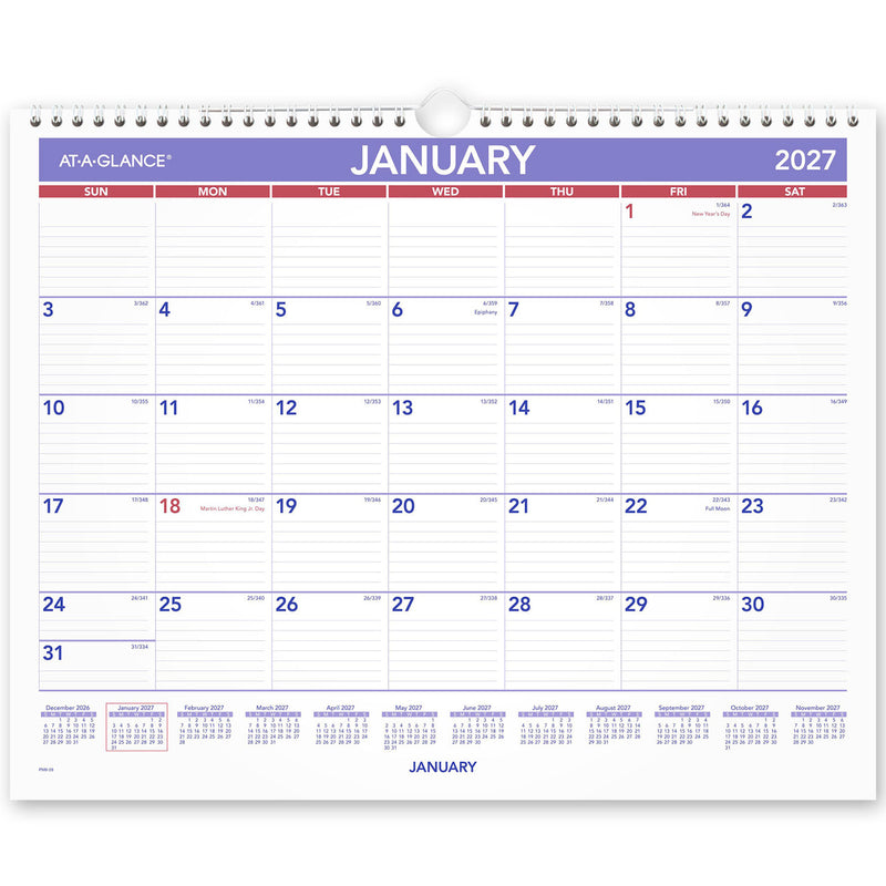 At-A-Glance Recycled Wall Calendar 2027 381 x 305mm Month To View shown front on, the printed 2027 planning grid, photographed flat against a plain background.