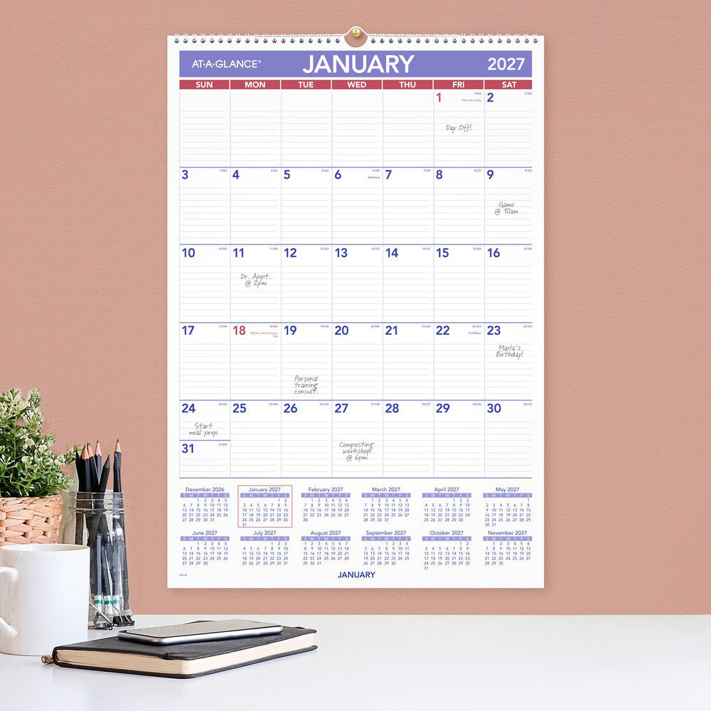 At-A-Glance Recycled Wall Calendar 2027 394 x 578mm Month To View opened to show the printed monthly grid and the dated planning layout inside.