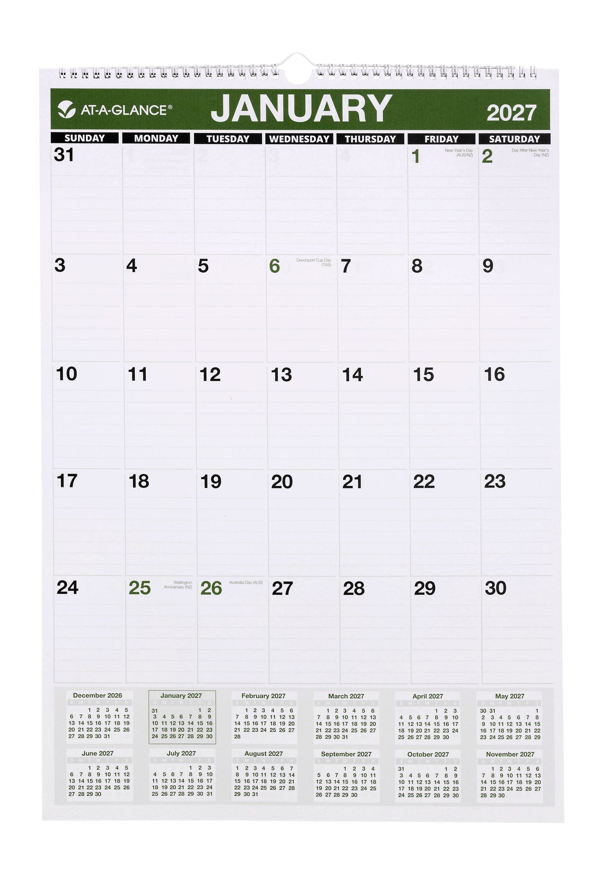 At-A-Glance Recycled Wall Calendar 2027 394 x 578mm Month To View shown front on, the green Australian edition open at January 2027 with large ruled daily blocks.