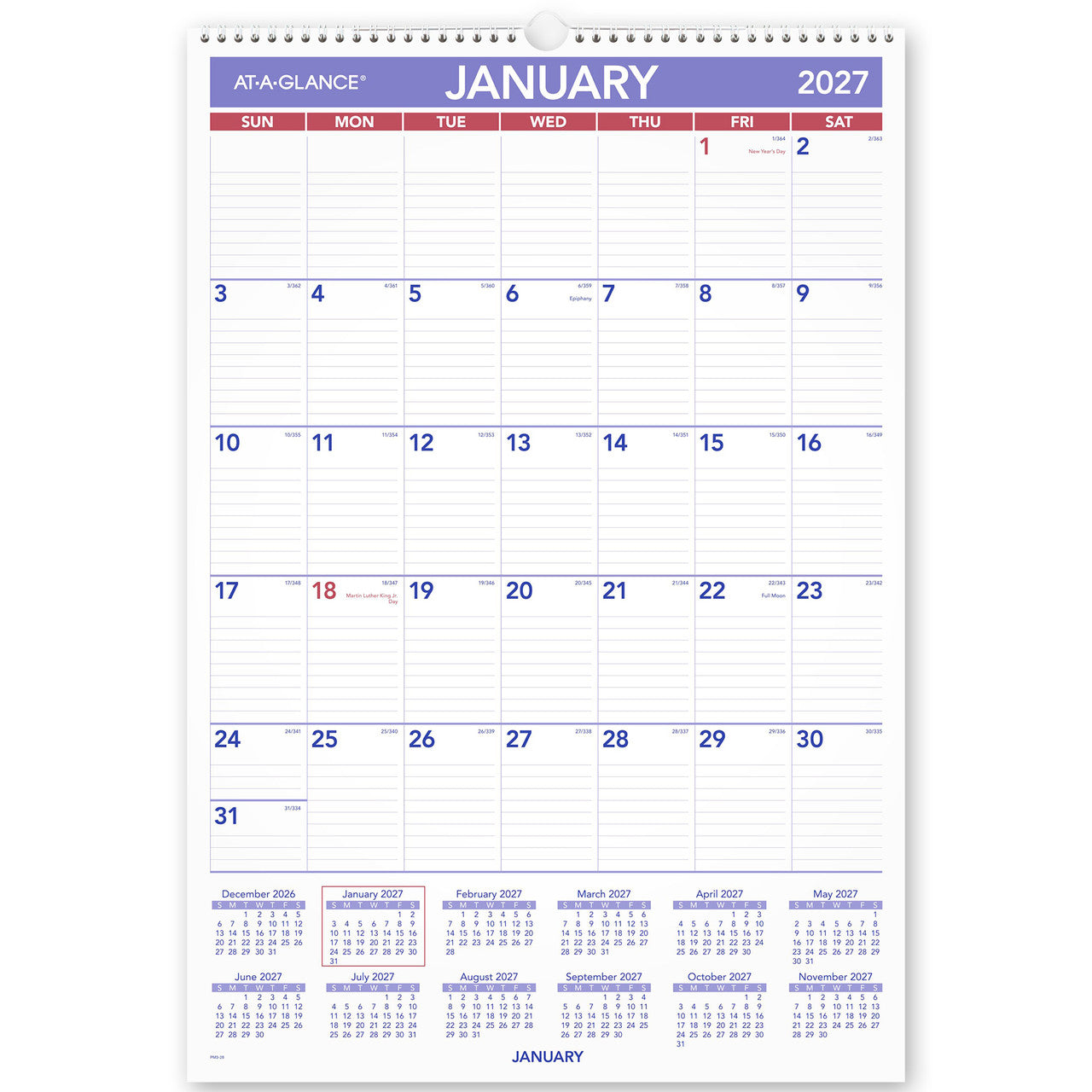 At-A-Glance Recycled Wall Calendar 2027 394 x 578mm Month To View shown front on, the printed 2027 planning grid, photographed flat against a plain background.