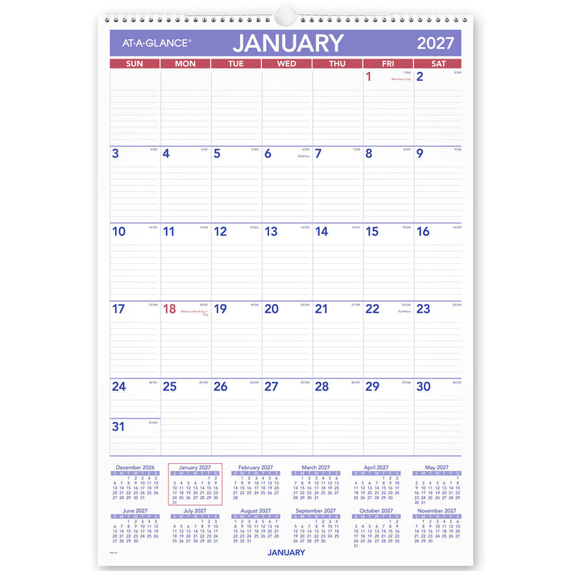 At-A-Glance Recycled Wall Calendar 2027 394 x 578mm Month To View shown front on, the printed 2027 planning grid, photographed flat against a plain background.