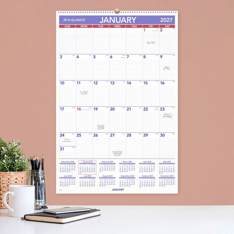 At-A-Glance Recycled Wall Calendar 2027 508 x 762mm Month To View opened to show the printed monthly grid and the dated planning layout inside.