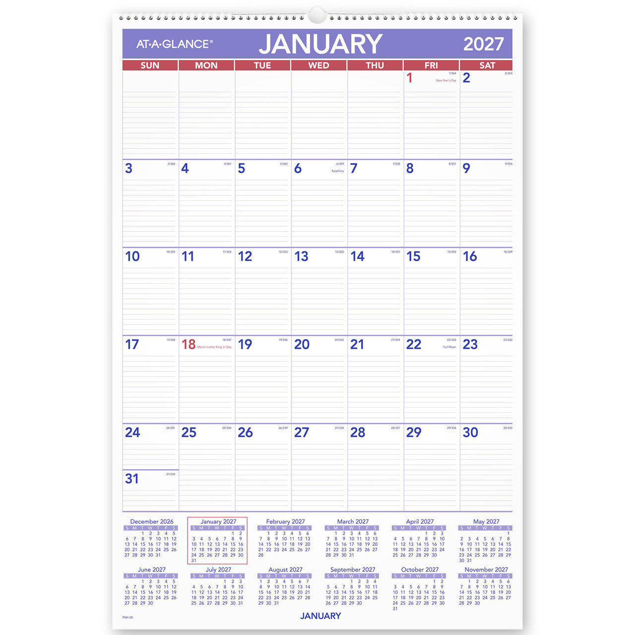 At-A-Glance Recycled Wall Calendar 2027 508 x 762mm Month To View shown front on, the printed 2027 planning grid, photographed flat against a plain background.