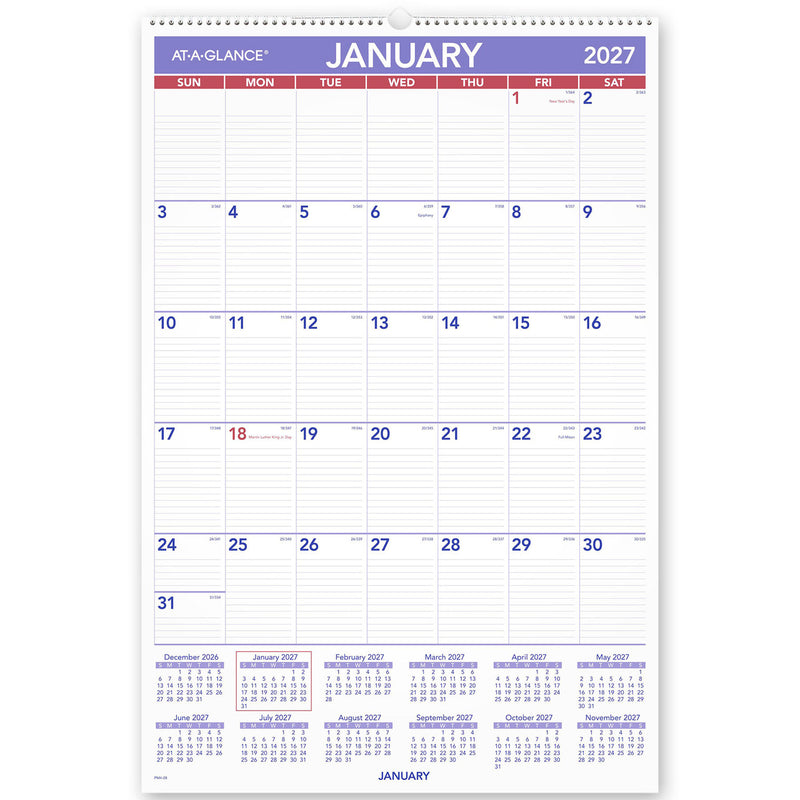 At-A-Glance Recycled Wall Calendar 2027 508 x 762mm Month To View shown front on, the printed 2027 planning grid, photographed flat against a plain background.