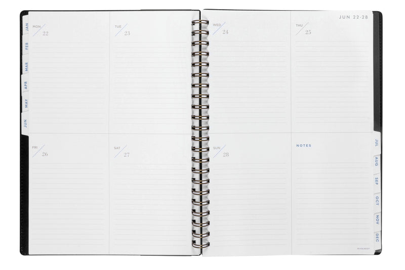 At-A-Glance Signature Diary 2027 A4 Week To View Black opened to show the printed week to view interior pages and the dated planning grid.