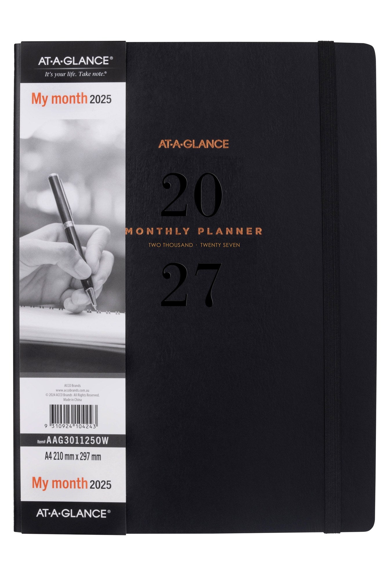 At-A-Glance Signature Diary 2027 A4 Month To View Black shown in its retail packaging, front of pack with the year and format printed on the label.