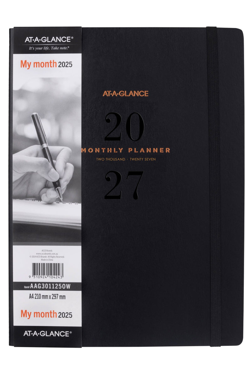 At-A-Glance Signature Diary 2027 A4 Month To View Black shown in its retail packaging, front of pack with the year and format printed on the label.