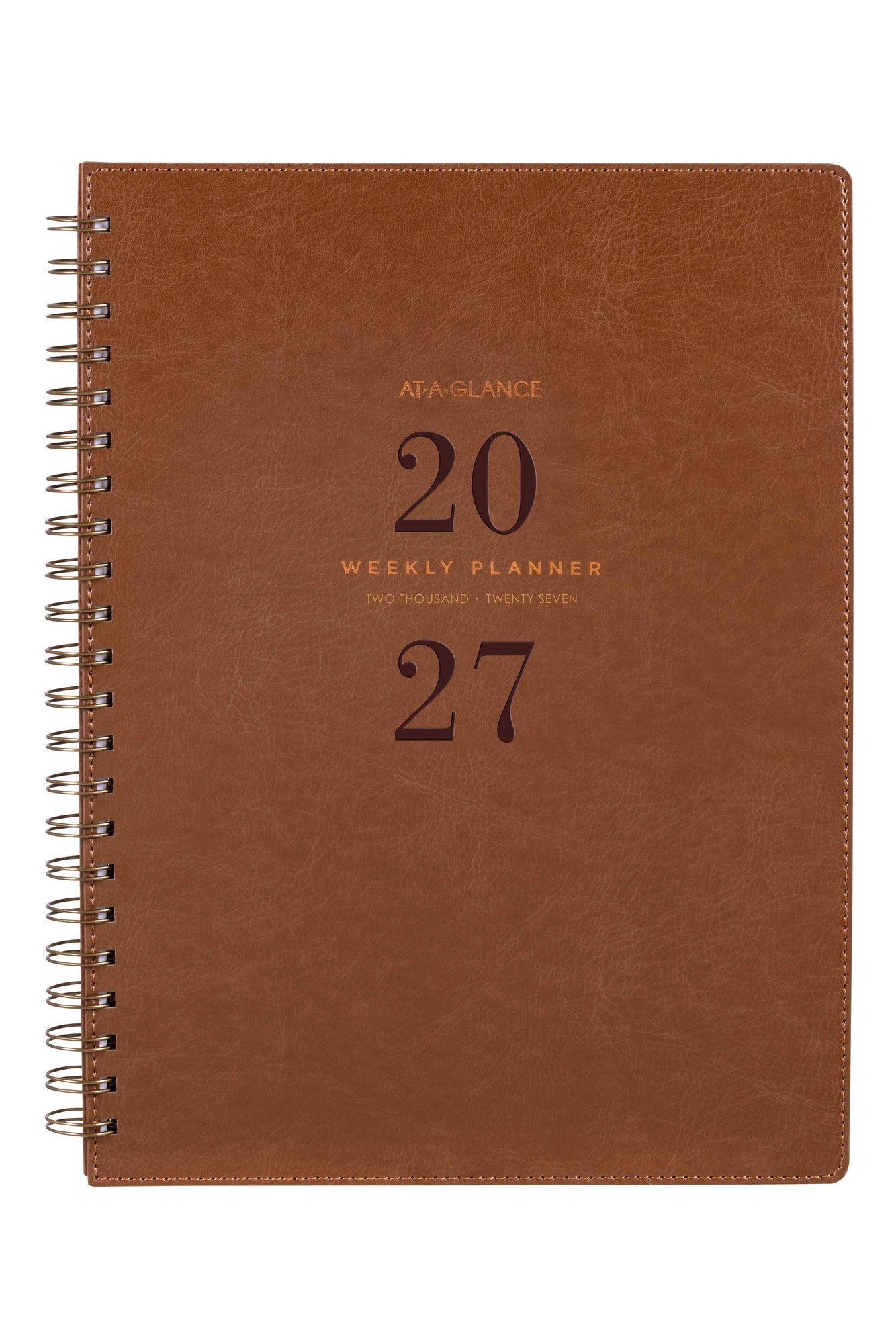 At-A-Glance Signature Diary 2027 A4 Week To View Brown shown front on, the brown cover, closed flat against a plain background.