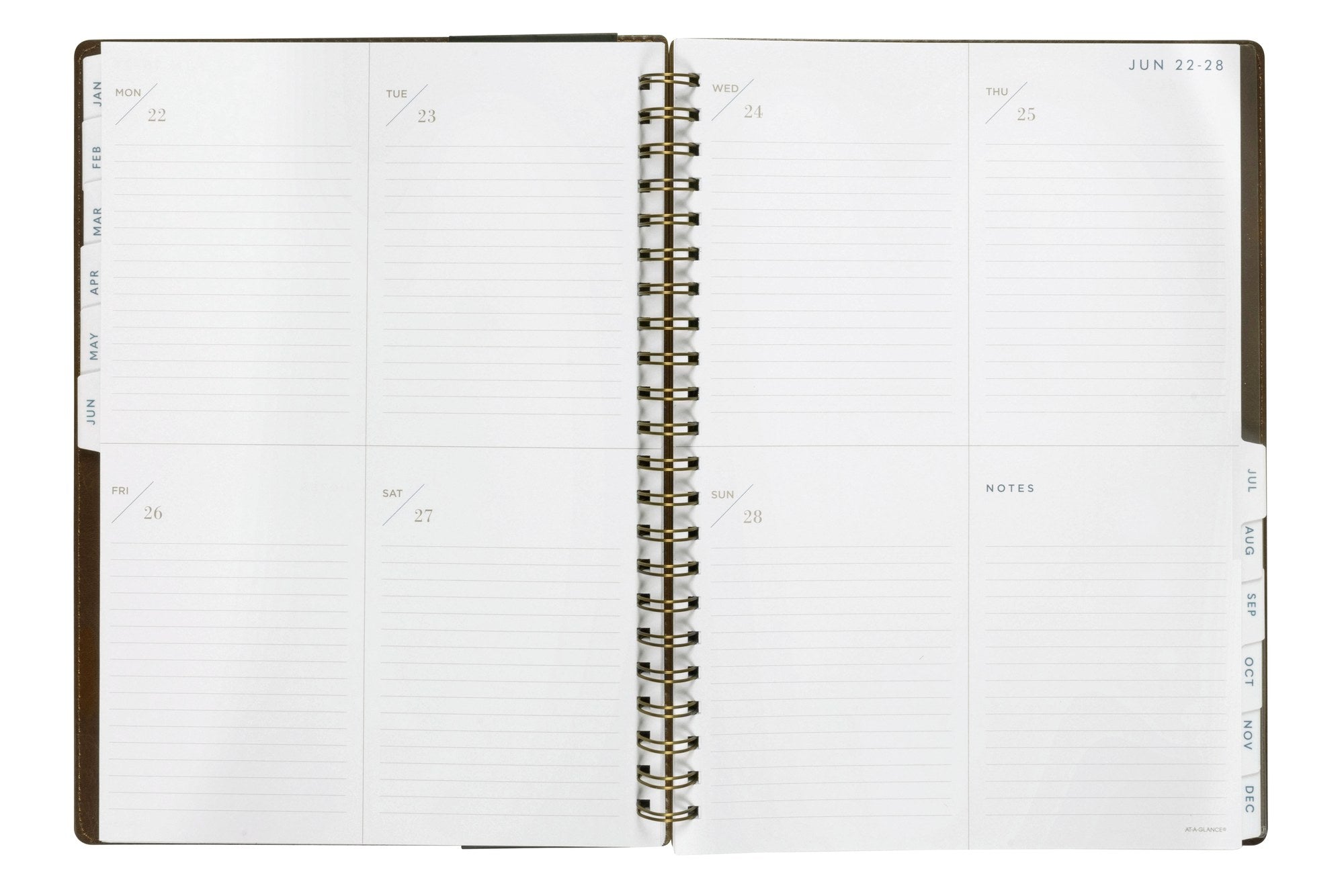 At-A-Glance Signature Diary 2027 A4 Week To View Brown opened to show the printed week to view interior pages and the dated planning grid.