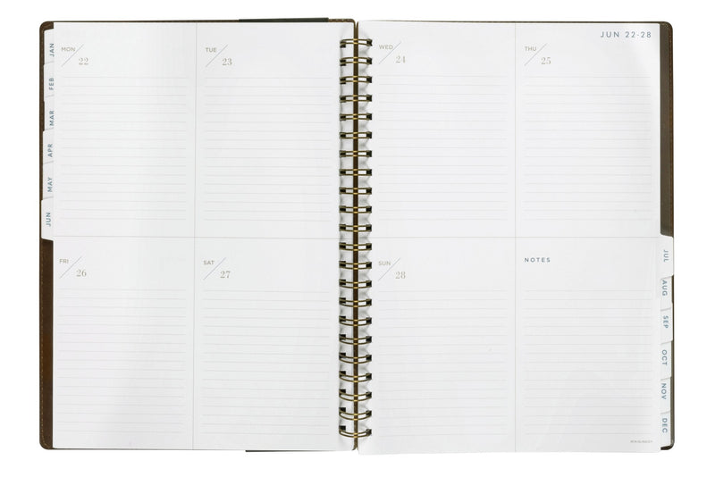 At-A-Glance Signature Diary 2027 A4 Week To View Brown opened to show the printed week to view interior pages and the dated planning grid.