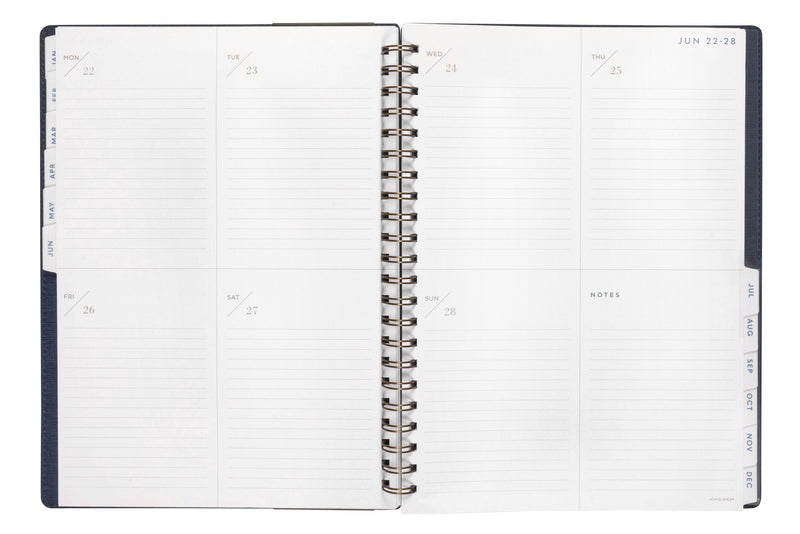 At-A-Glance Signature Diary 2027 A4 Week To View Navy opened to show the printed week to view interior pages and the dated planning grid.