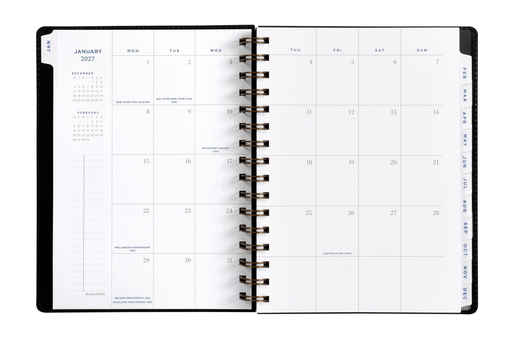 At-A-Glance Signature Diary 2027 A5 Week To View Black opened to show the printed week to view interior pages and the dated planning grid.