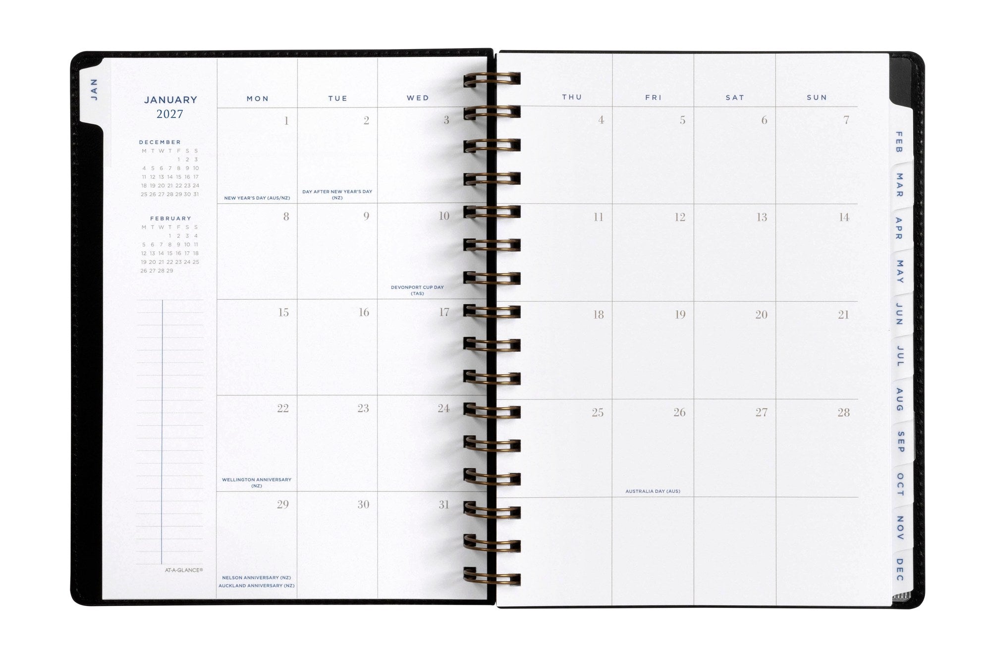 At-A-Glance Signature Diary 2027 A5 Week To View Black opened to show the printed week to view interior pages and the dated planning grid.