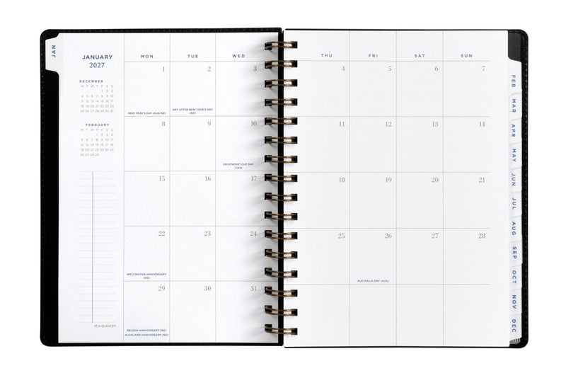 At-A-Glance Signature Diary 2027 A5 Week To View Black opened to show the printed week to view interior pages and the dated planning grid.