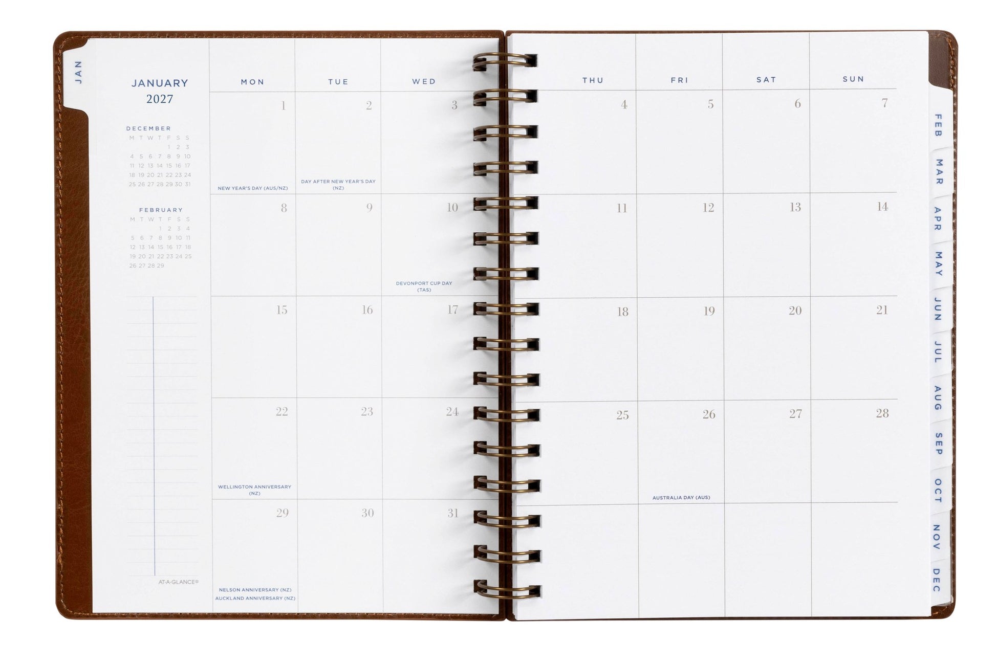 At-A-Glance Signature Diary 2027 A5 Week To View Brown opened to show the printed week to view interior pages and the dated planning grid.
