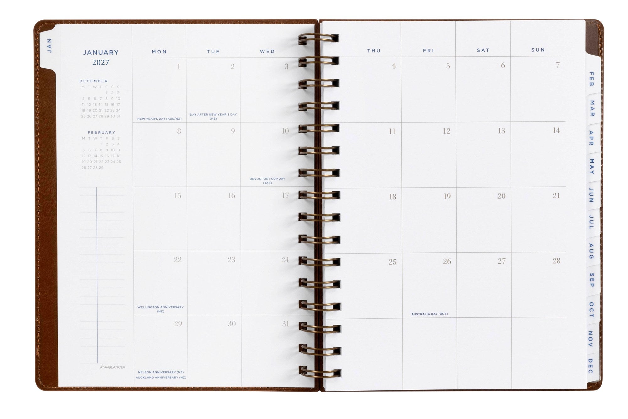 At-A-Glance Signature Diary 2027 A5 Week To View Brown opened to show the printed week to view interior pages and the dated planning grid.