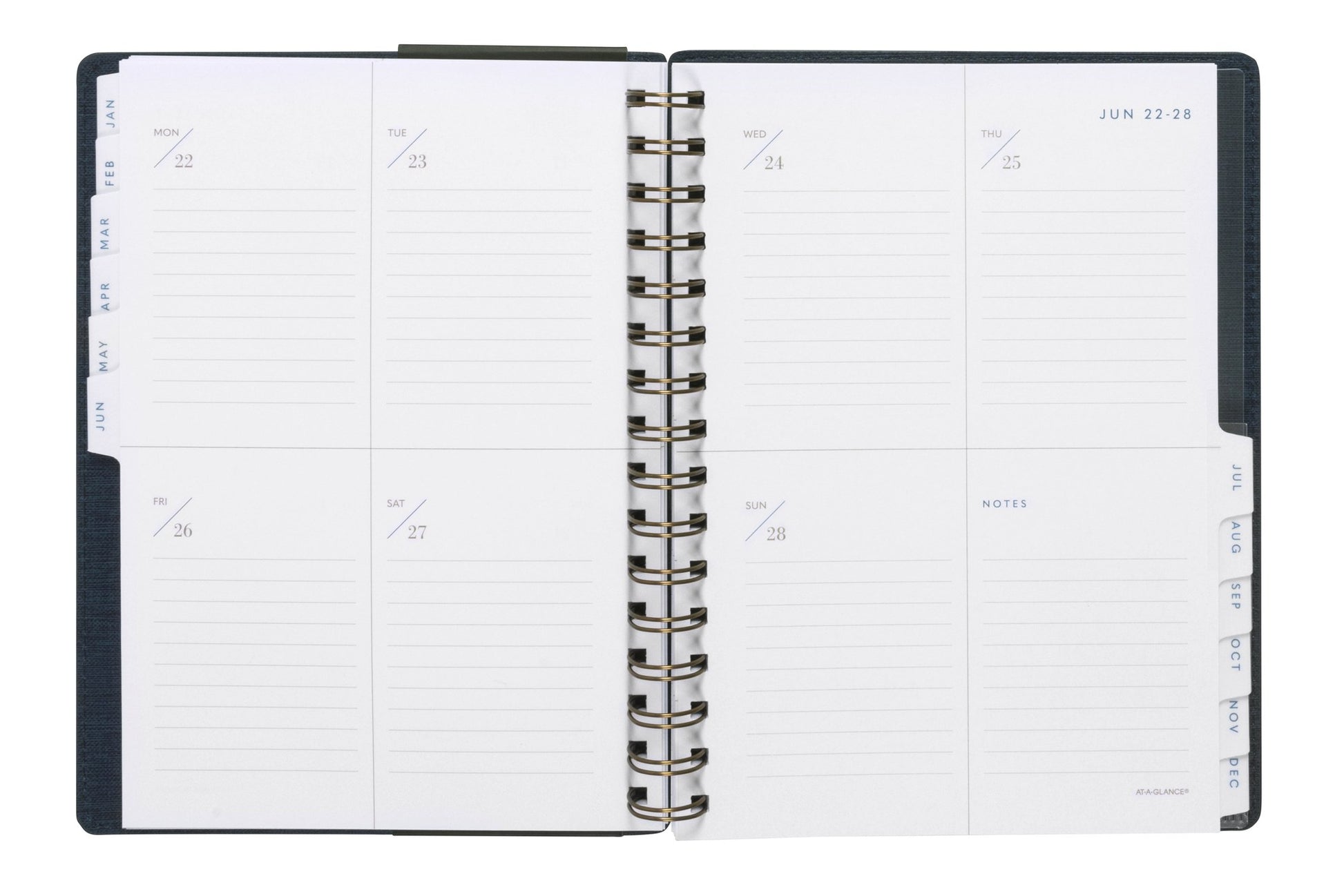 At-A-Glance Signature Diary 2027 A5 Week To View Navy opened to show the printed week to view interior pages and the dated planning grid.