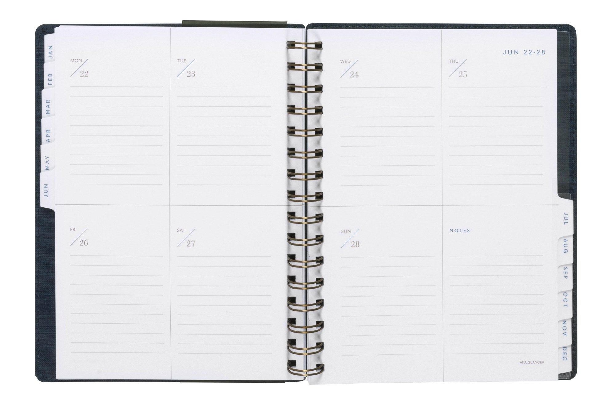 At-A-Glance Signature Diary 2027 A5 Week To View Navy opened to show the printed week to view interior pages and the dated planning grid.