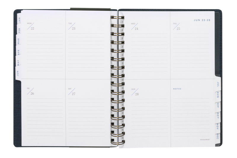 At-A-Glance Signature Diary 2027 A5 Week To View Navy opened to show the printed week to view interior pages and the dated planning grid.