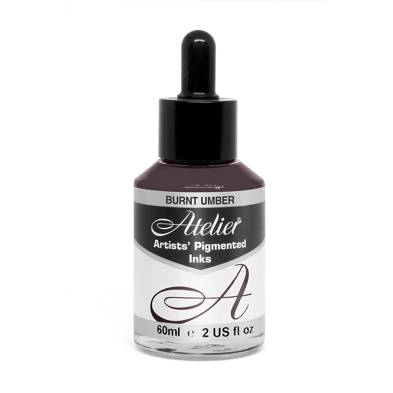 Chroma Atelier Artists' Pigmented Inks Burnt Umber 60ml bottle with black dropper cap and Burnt Umber label, with the burnt umber ink visible through the bottle