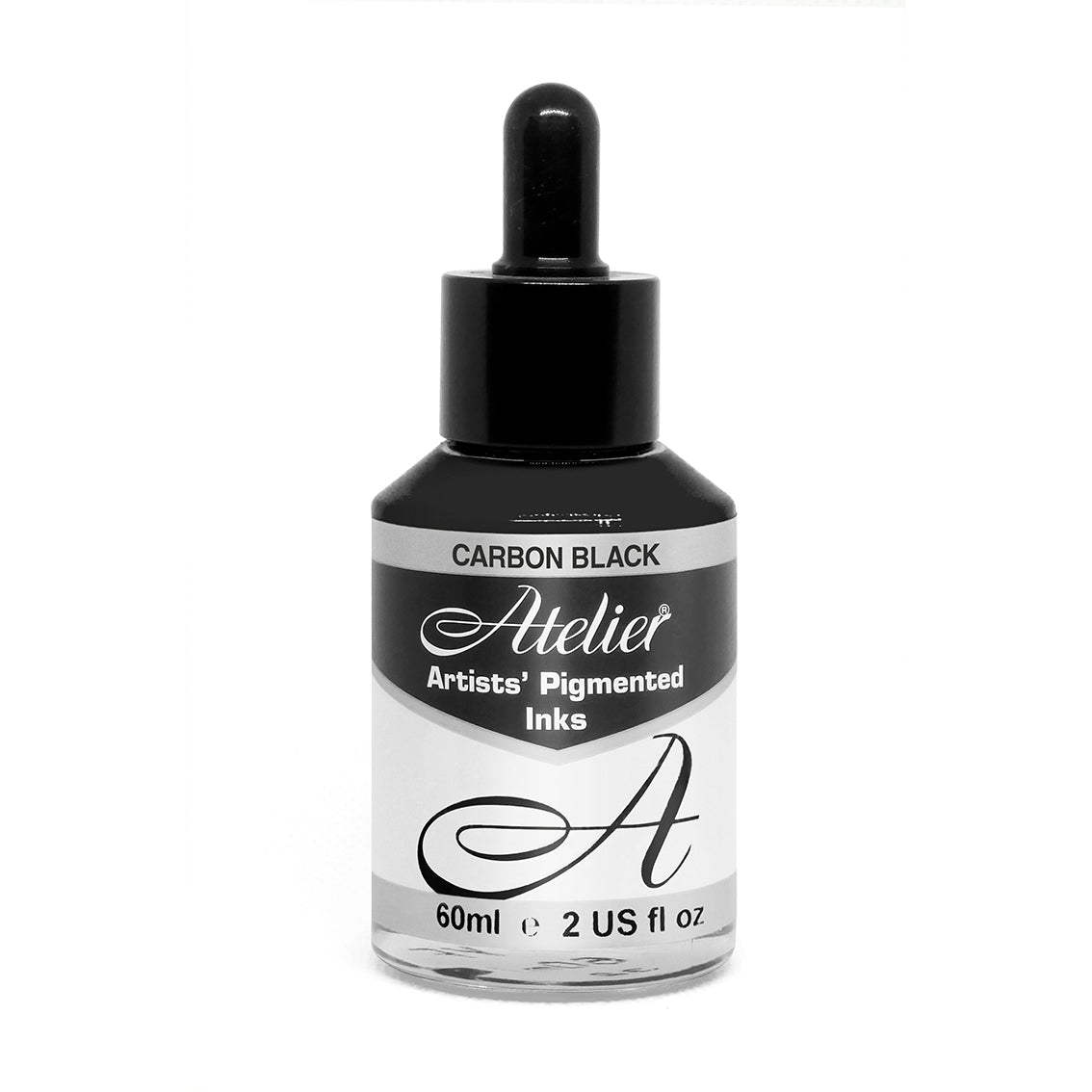 Chroma Atelier Artists' Pigmented Inks Carbon Black 60ml bottle with black dropper cap and Carbon Black label, with the carbon black ink visible through the bottle