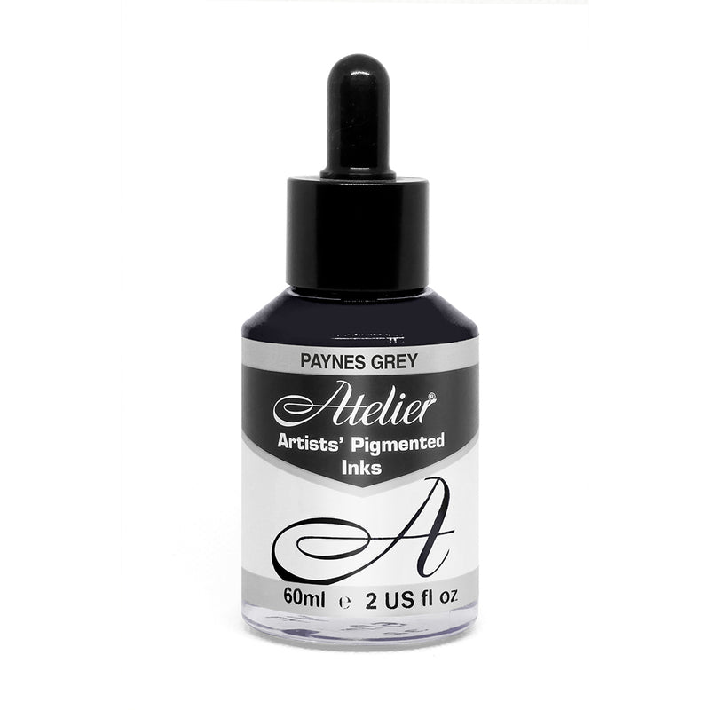 Chroma Atelier Artists' Pigmented Inks Paynes Grey 60ml bottle with black dropper cap and Paynes Grey label, with the paynes grey ink visible through the bottle