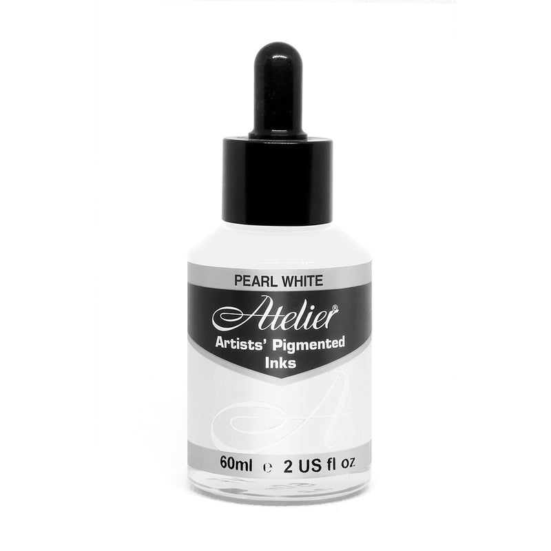 Chroma Atelier Artists' Pigmented Inks Pearl White 60ml bottle with black dropper cap and Pearl White label, with the pearl white ink visible through the bottle