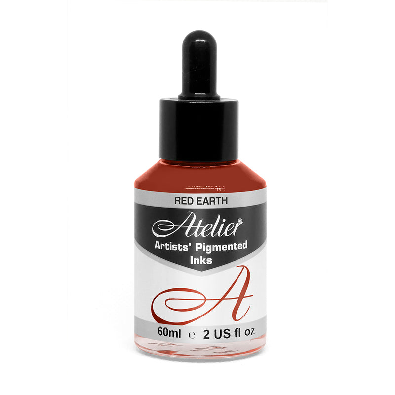 Chroma Atelier Artists' Pigmented Inks Red Earth 60ml bottle with black dropper cap and Red Earth label, with the red earth ink visible through the bottle