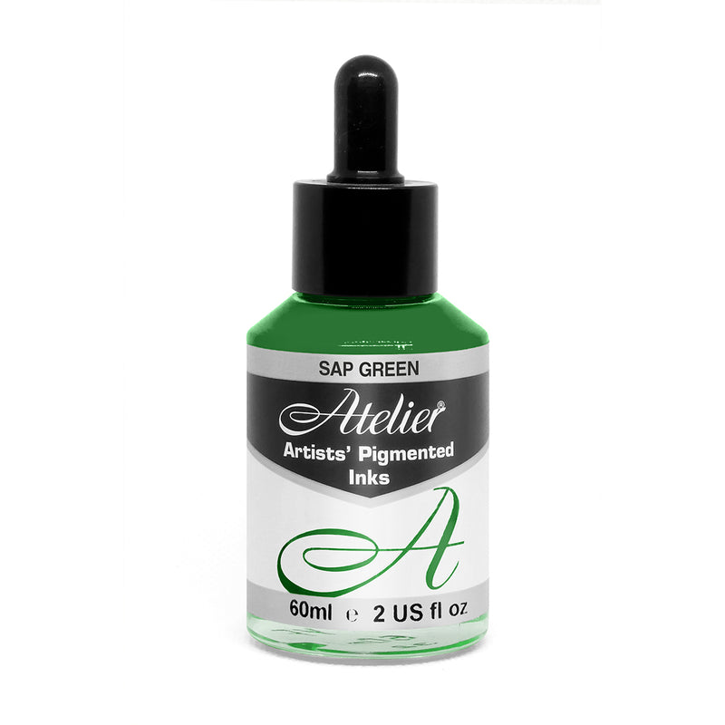 Chroma Atelier Artists' Pigmented Inks Sap Green 60ml bottle with black dropper cap and Sap Green label, with the sap green ink visible through the bottle