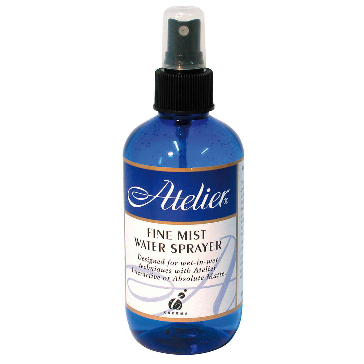 Chroma Atelier Fine Mist Water Sprayer 250ml blue bottle with black spray pump, clear cap and white gold-trimmed label
