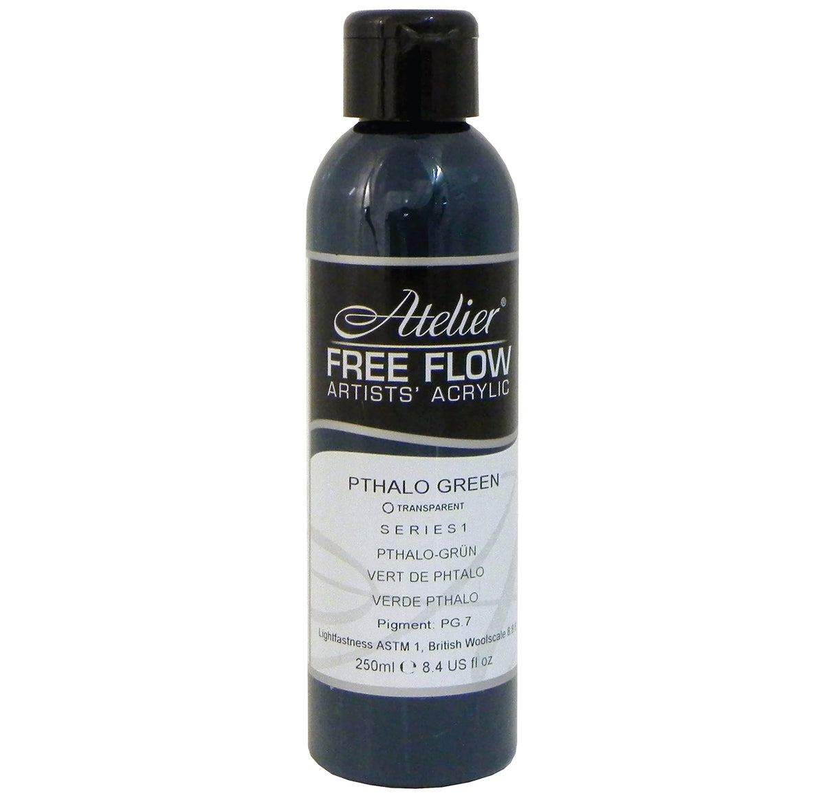 Chroma Atelier Free Flow Artists' Acrylic 250ml Phthalo Green: 250ml bottle with flip-top cap, black Atelier label naming Phthalo Green, Series 1