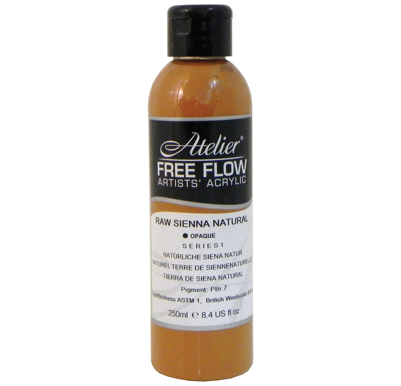 Chroma Atelier Free Flow Artists' Acrylic 250ml Raw Sienna Natural: 250ml bottle with flip-top cap, black Atelier label naming Raw Sienna Natural, Series 1