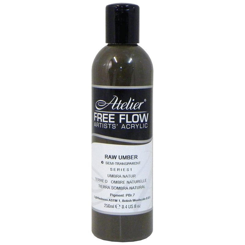 Chroma Atelier Free Flow Artists' Acrylic 250ml Raw Umber: 250ml bottle with flip-top cap, black Atelier label naming Raw Umber, Series 1