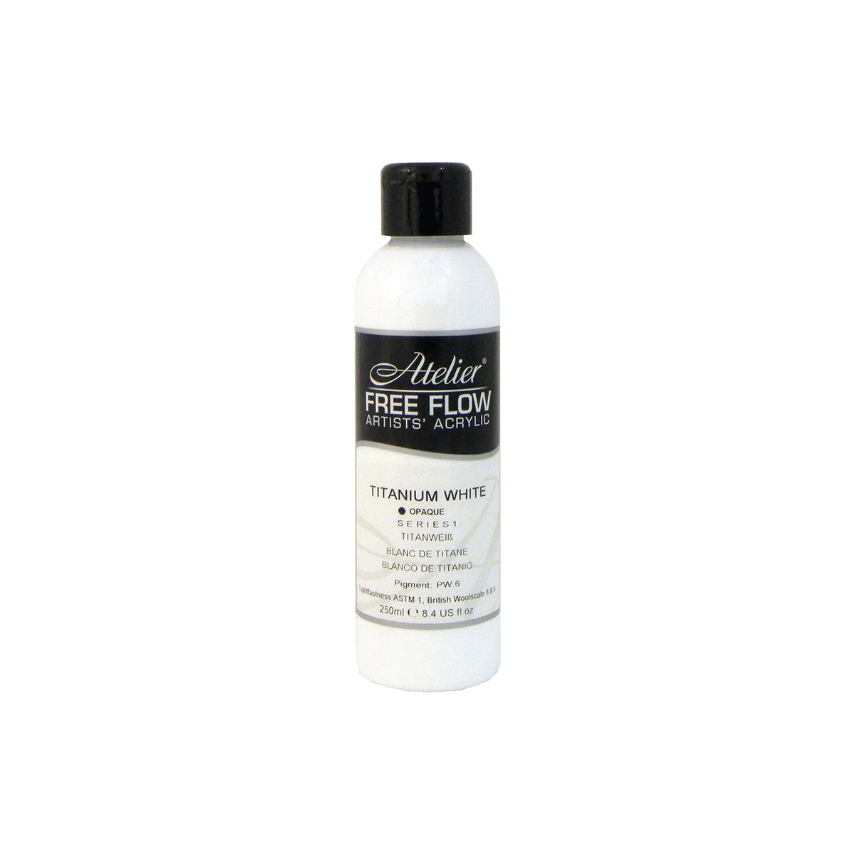 Chroma Atelier Free Flow Artists' Acrylic 250ml Titanium White: 250ml bottle with flip-top cap, black Atelier label naming Titanium White, Series 1
