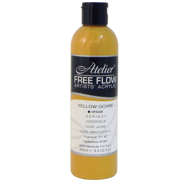 Chroma Atelier Free Flow Artists' Acrylic 250ml Yellow Ochre: 250ml bottle with flip-top cap, black Atelier label naming Yellow Ochre, Series 1
