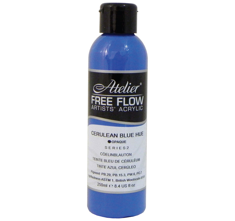 Chroma Atelier Free Flow Artists' Acrylic 250ml Cerulean Blue Hue: 250ml bottle with flip-top cap, black Atelier label naming Cerulean Blue Hue, Series 2
