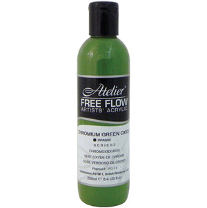 Chroma Atelier Free Flow Artists' Acrylic 250ml Chromium Green Oxide: 250ml bottle with flip-top cap, black Atelier label naming Chromium Green Oxide, Series 2