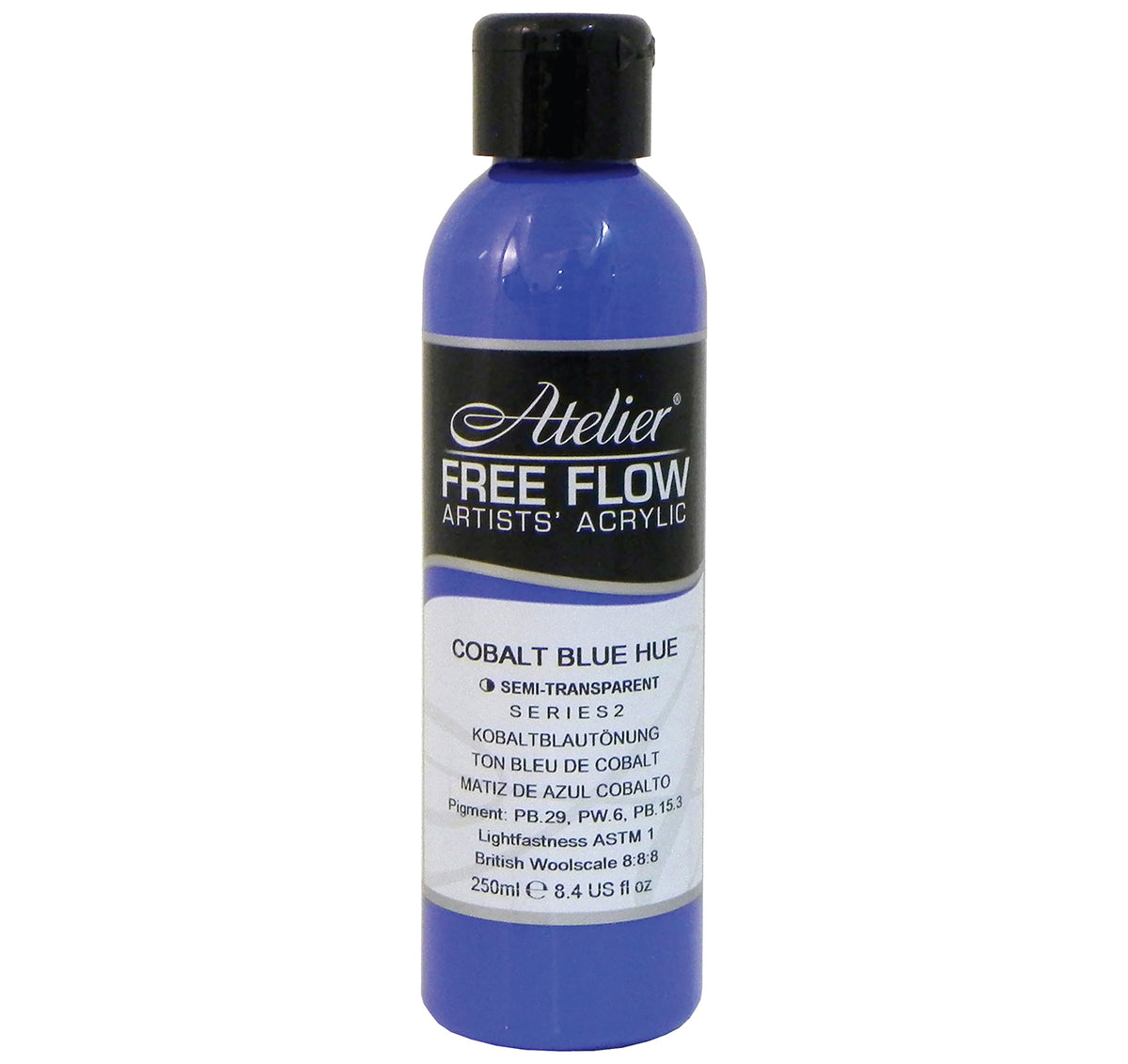 Chroma Atelier Free Flow Artists' Acrylic 250ml Cobalt Blue Hue: 250ml bottle with flip-top cap, black Atelier label naming Cobalt Blue Hue, Series 2