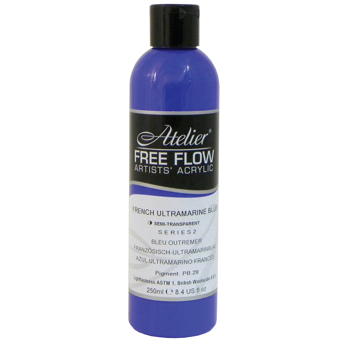 Chroma Atelier Free Flow Artists' Acrylic 250ml French Ultramarine Blue: 250ml bottle with flip-top cap, black Atelier label naming French Ultramarine Blue, Series 2