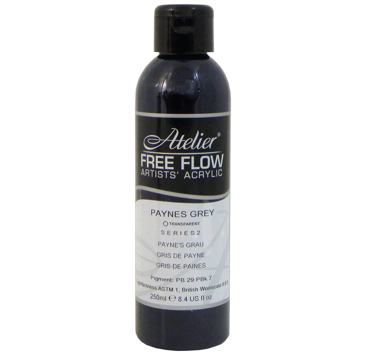 Chroma Atelier Free Flow Artists' Acrylic 250ml Paynes Grey: 250ml bottle with flip-top cap, black Atelier label naming Paynes Grey, Series 2
