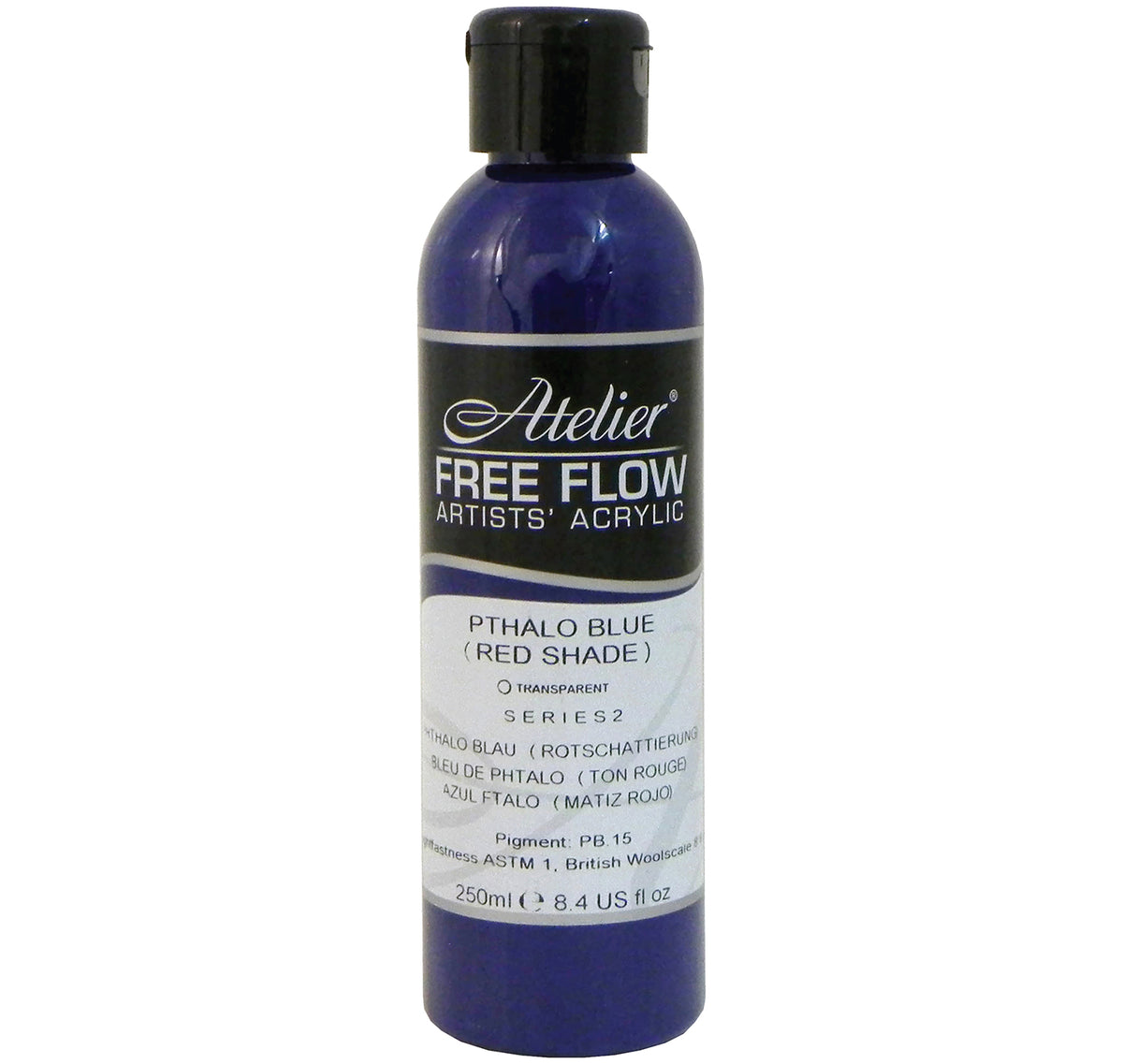 Chroma Atelier Free Flow Artists' Acrylic 250ml Phthalo Blue (Red Shade): 250ml bottle with black flip-top cap, label printing Pthalo Blue (Red Shade), transparent, Series 2