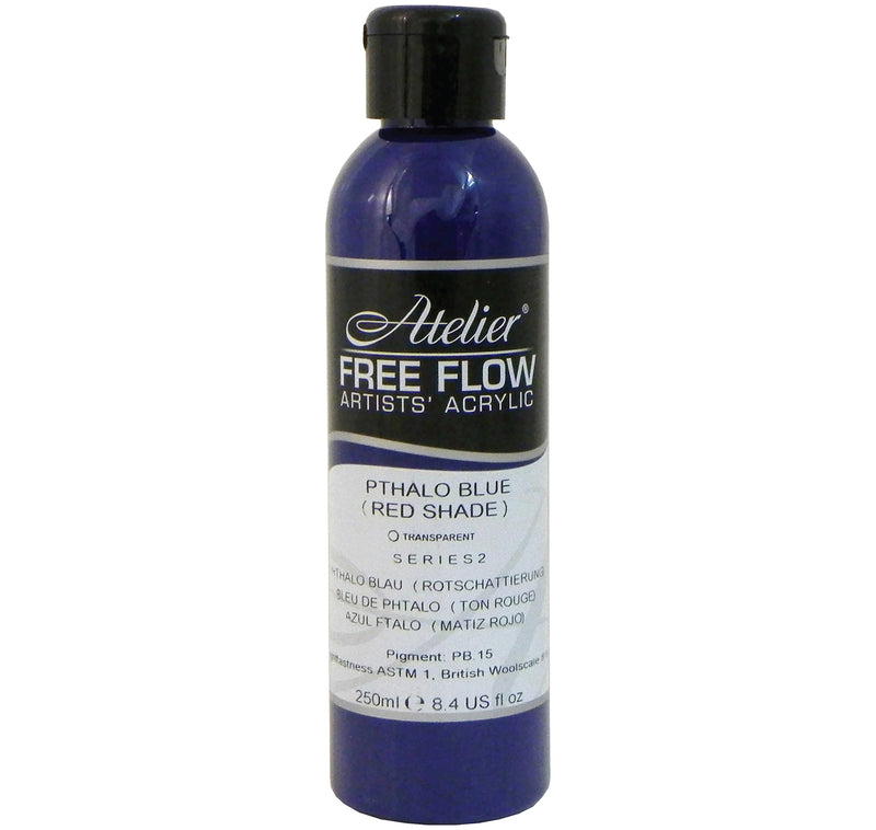 Chroma Atelier Free Flow Artists' Acrylic 250ml Phthalo Blue (Red Shade): 250ml bottle with black flip-top cap, label printing Pthalo Blue (Red Shade), transparent, Series 2