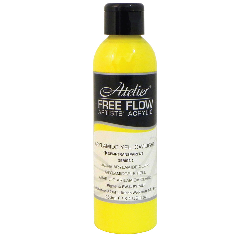 Chroma Atelier Free Flow Artists' Acrylic 250ml Arylamide Yellow Light: 250ml bottle with black flip-top cap, label printing Arylamide Yellow Light, semi-transparent, Series 3