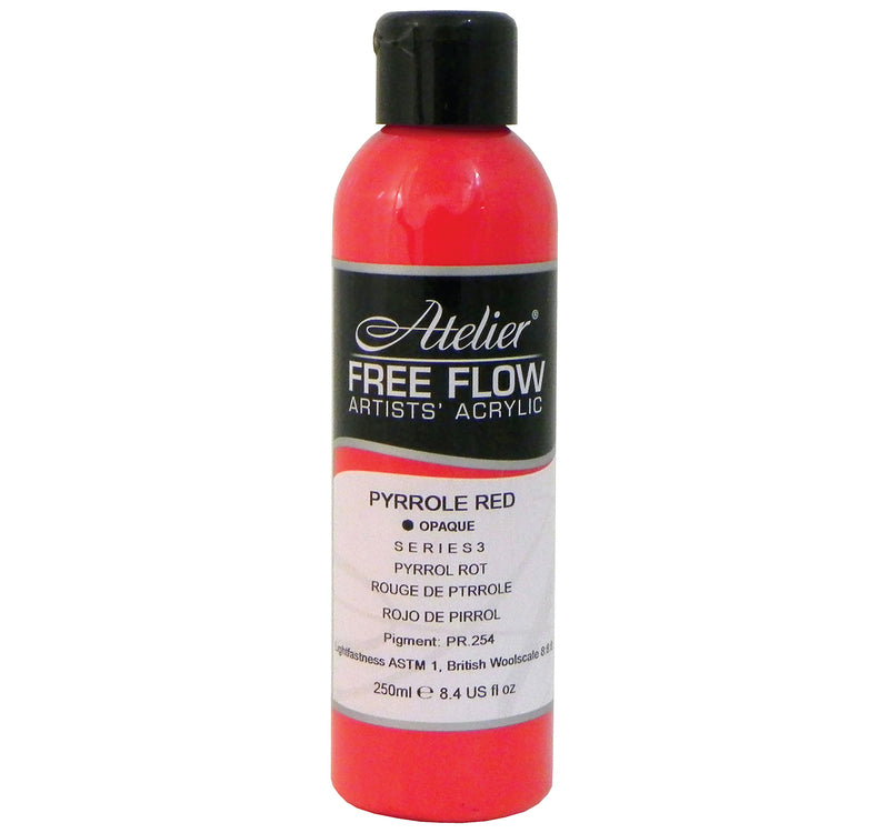 Chroma Atelier Free Flow Artists' Acrylic 250ml Pyrrole Red: 250ml bottle with black flip-top cap, label printing Pyrrole Red, opaque, Series 3